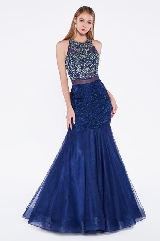 Navy Blue Beaded Prom Dress (6880648560674)