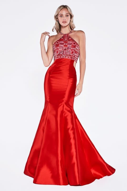 Red Bead Halter Top Prom Dress (6880648495138)