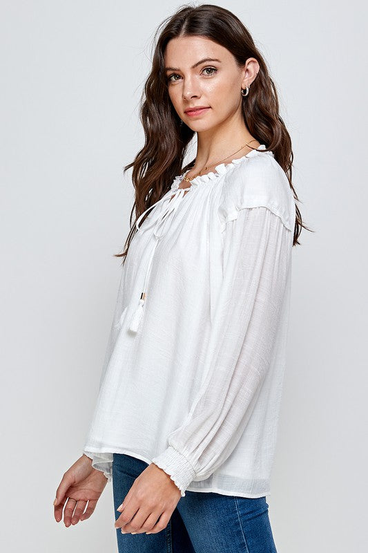 Ivory Tie Neck Long Bubble Sleeve Top (6953990455330)