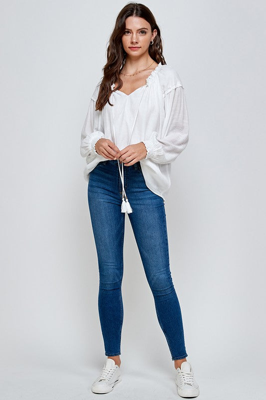 Ivory Tie Neck Long Bubble Sleeve Top (6953990455330)