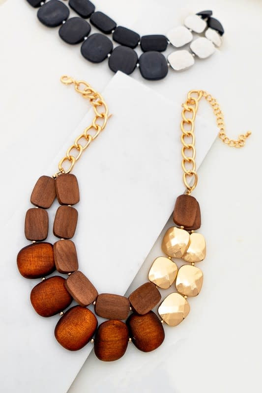 Two Row Faceted Wood Bead And Metal Bead Statement Necklace (6880647610402)