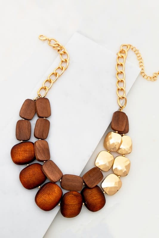 Two Row Faceted Wood Bead And Metal Bead Statement Necklace (6880647610402)