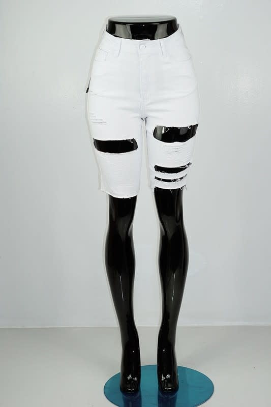 White High Waisted Distresed Denim Bermuda Shorts (6880649773090)