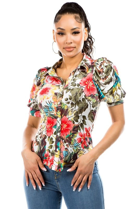 Floral Puff Sleeve Collard Shirt (6880650854434)
