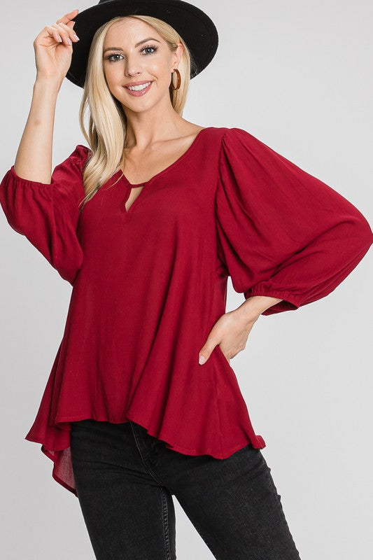 V Neck Puff Sleeve Top with Spaghetti Loop Detail (6958741127202)