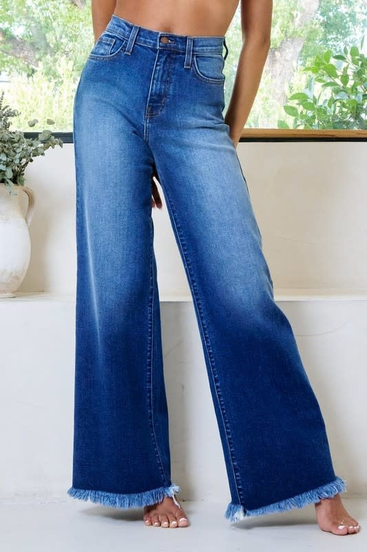 High Waist Wide Leg Fringe Hem Jeans (6880653344802)