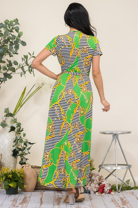 Nautical Print Wrap Maxi Dress with Side Pockets (6958402404386)