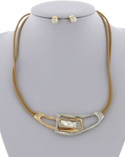 Two-tone Glass and Leatherette Necklace and Earring Set (6880651706402)