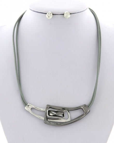 Two-tone Glass and Leatherette Necklace and Earring Set (6880651706402)