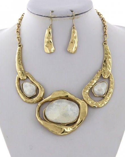 Hammered Metal with Acrylic Stone Necklace and Earring Set (6880651608098)