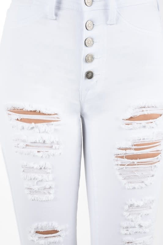 Button Fly White High Rise Destroyed Skinny Jeans (6880650887202)