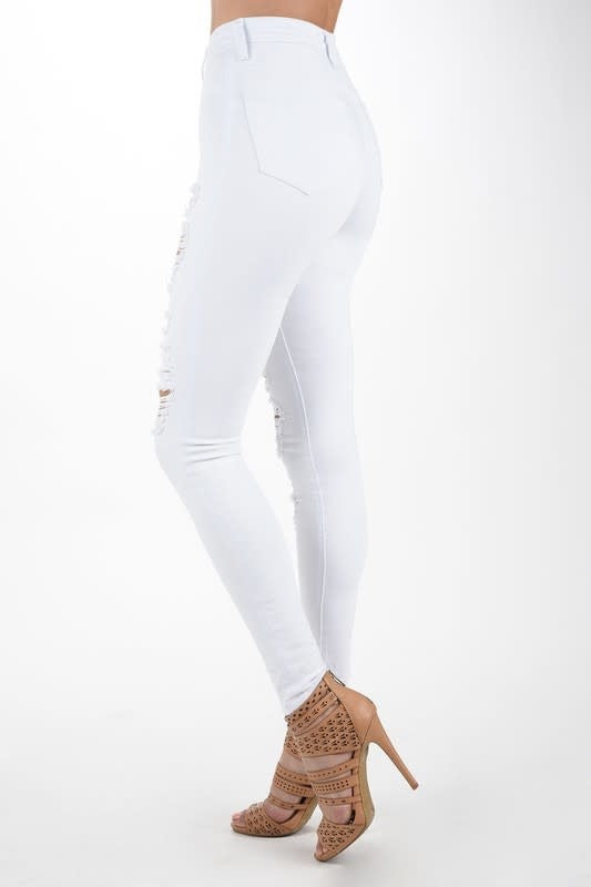 Button Fly White High Rise Destroyed Skinny Jeans (6880650887202)