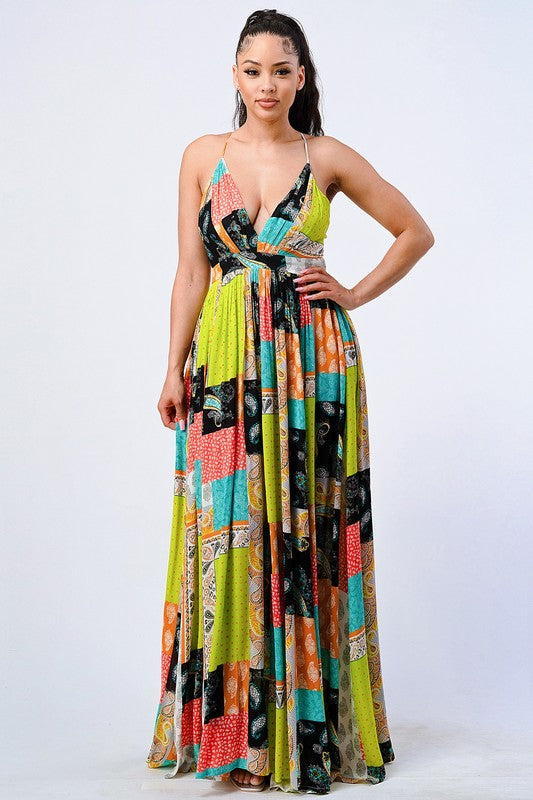 Boho Chic Patched Paisley Crossed Back Maxi Dress (7001157926946)