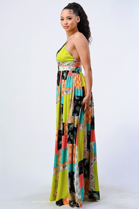 Boho Chic Patched Paisley Crossed Back Maxi Dress (7001157926946)