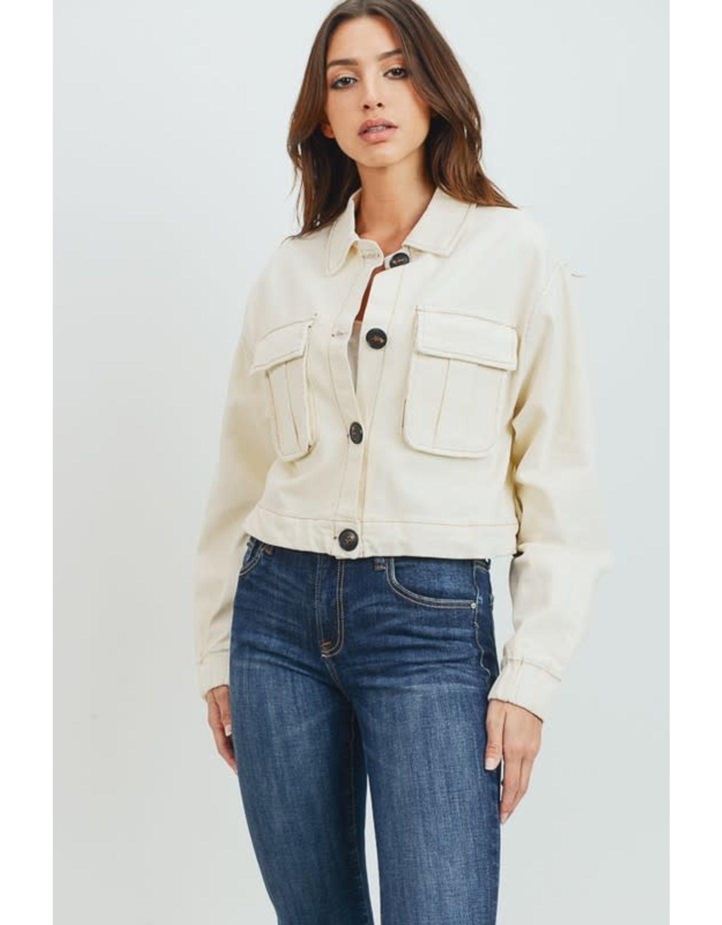Off White Soft Denim Crop Jacket with Large Pockets (6879959318562)