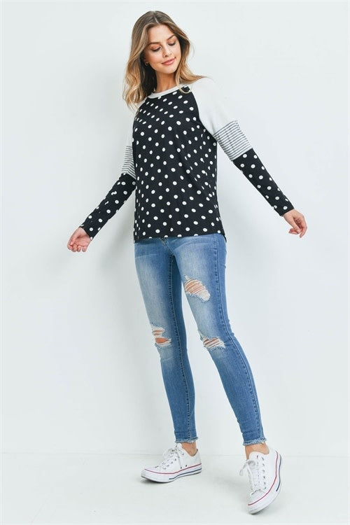 Mixed Print Black and Ivory Long Sleeve Top (6880652460066)