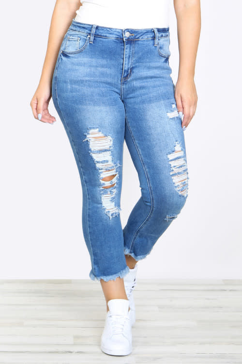 Slim Fit Distressed Raw Hem Cropped Denim Jeans (6880652656674)