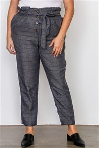 Plus Size Grey Plaid Print Frill Waist Belted Pants (6880641482786)